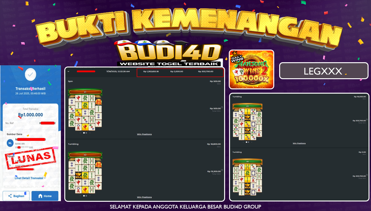 BUDI4D JACKPOT USERID : LEG*** SLOT PRAGMATIC PLAY MAHJONG WINS 2 1000 Rp.1.000.000,- LUNAS